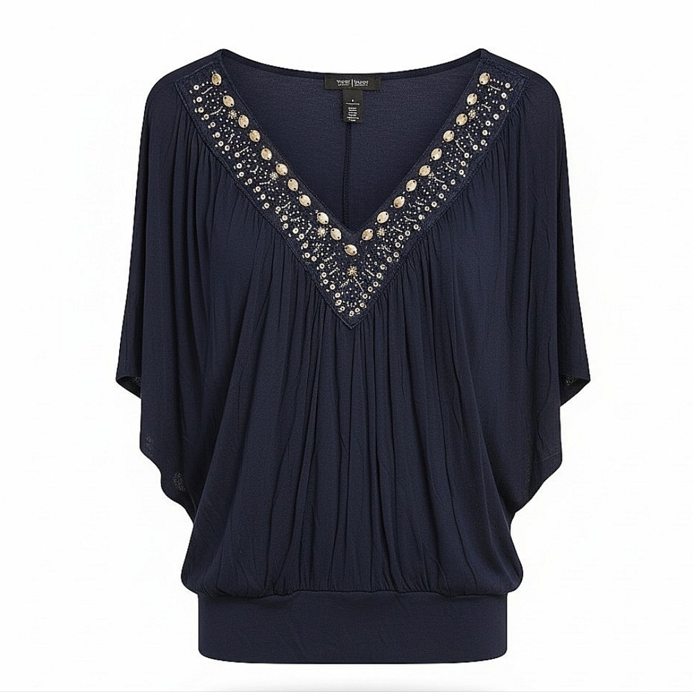 NEW! WHBM Embellished V-Neck Navy Women's Top